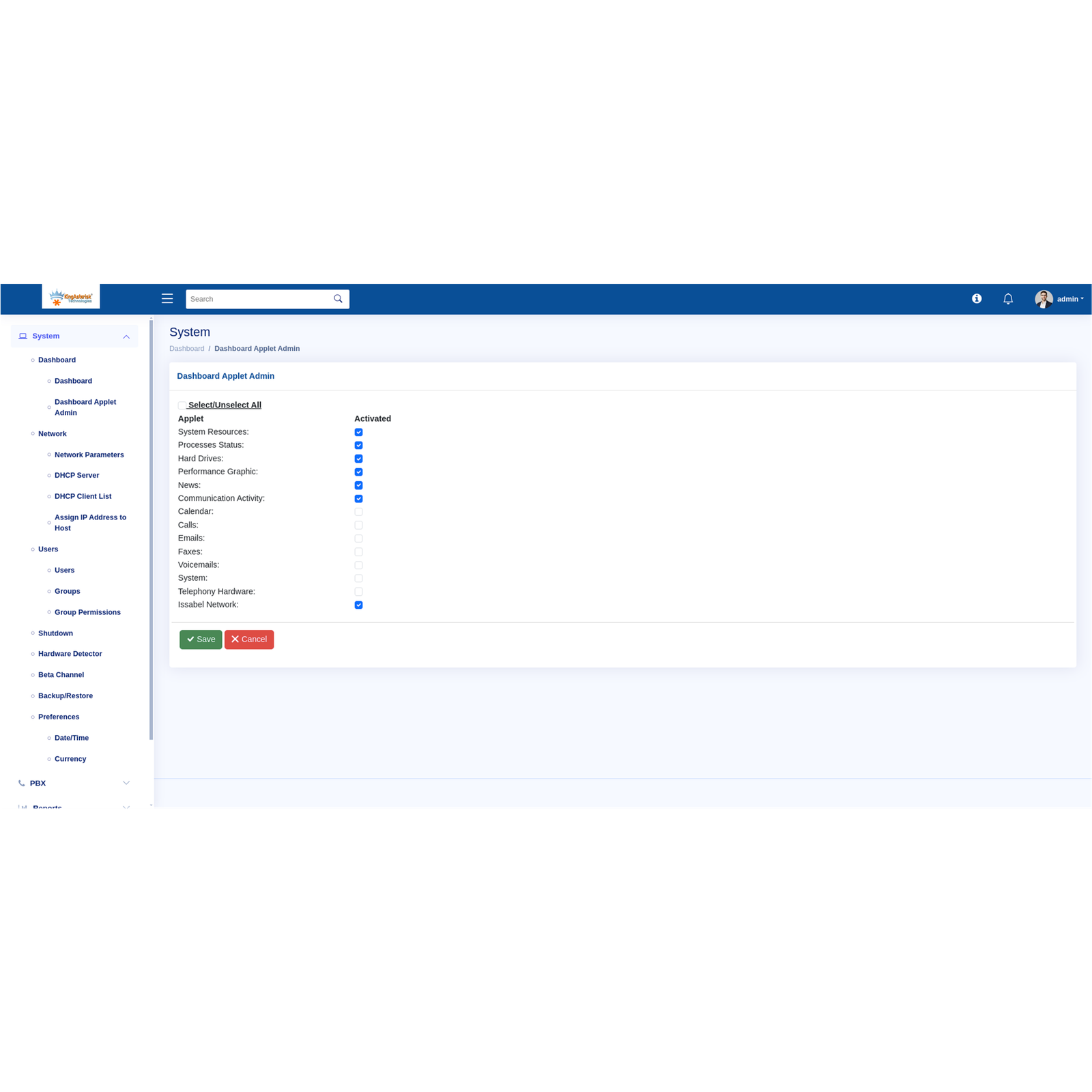 Dashboard Applet Admin